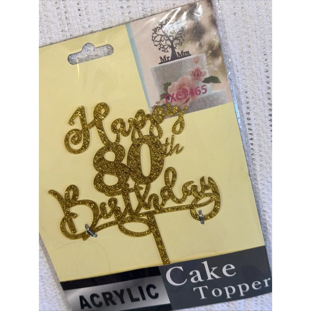 80th Birthday Cake Topper Double Side Glitter Gold Birthday Decorations NEW